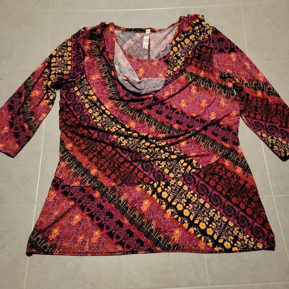 ICY Womens Multicolor Floral 3/4 Sleeve Round Neck Pullover Blouse Top Size 1XL